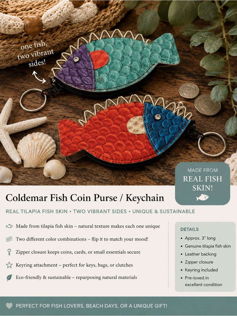 Col De Mar Tilapia Fish Sea Leather Coin Purse Keychain
